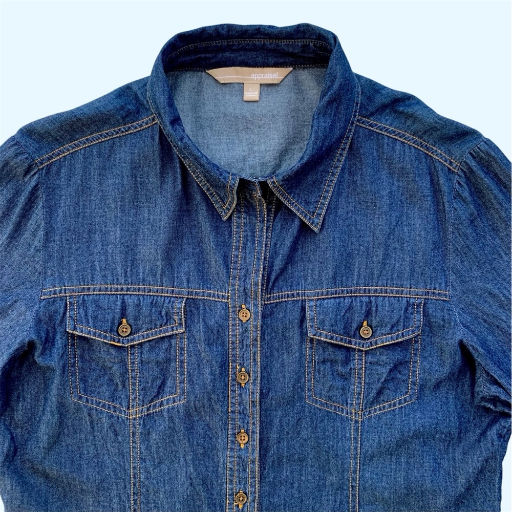 Appraisal Blue Denim 3/4 Length Roll-Up Sleeves Western Shirt ~ Women’s Large - Picture 3 of 7